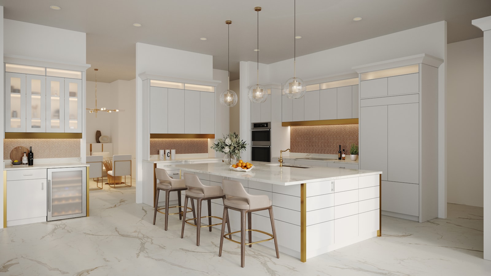 Designer kitchen with marble island and brass fittings