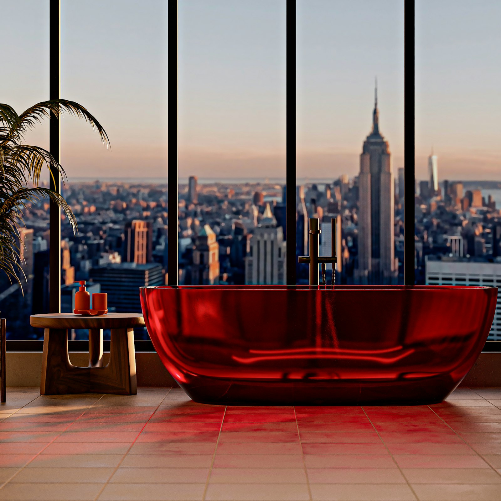 Penthouse interior with sweeping city skyline view